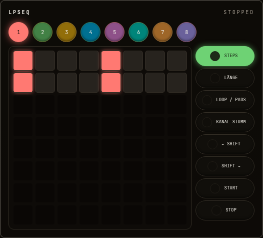 LPSeq-Browsersequencer mit acht Kanälen, Step-Pads und separater Loop-/Pads-Taste